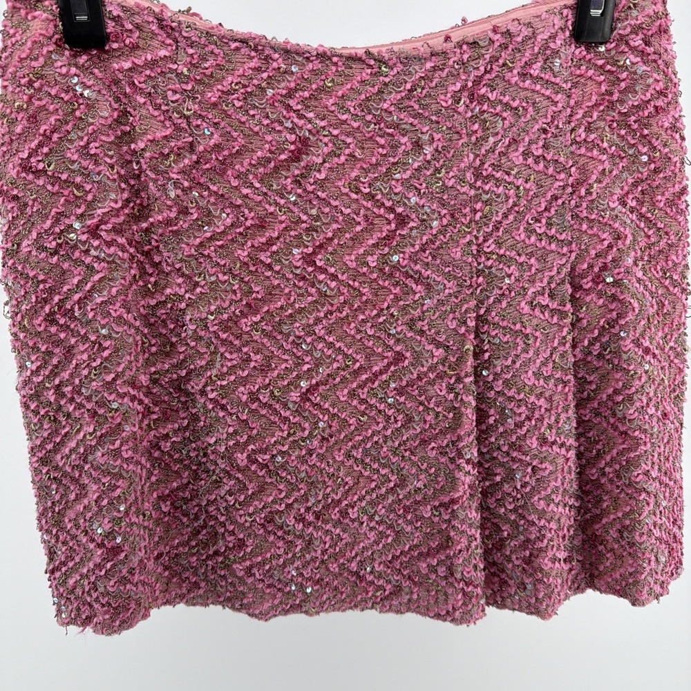 Vintage Anna Sui Pink Bouclé Tweed Mini Skirt Y2K Designer Sequin Texture Sz 12